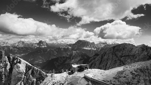 Dolomite Mountains aerial view from Marmolada, Italy