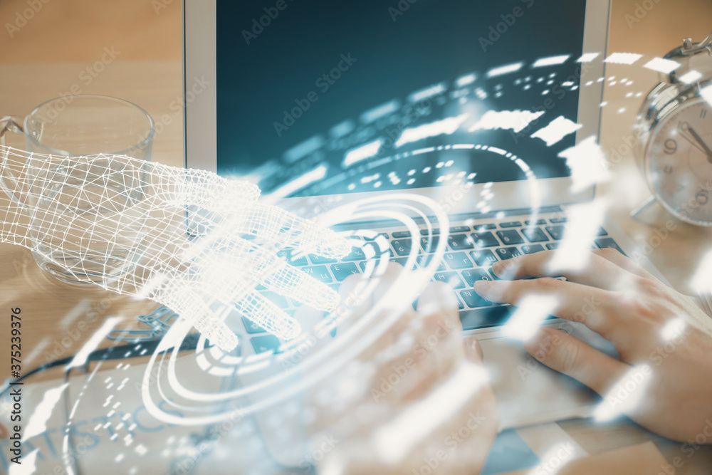 Businessman with computer background with technology theme hologram. Concept of big data. Double exposure. Businessman with computer background with technology theme hologram. Concept of big data. Double exposure.