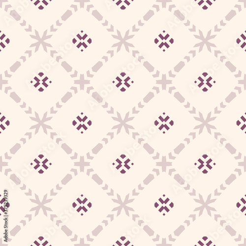 Vector ornamental seamless pattern. Elegant geometric ornament texture with flower silhouettes, crosses, grid, lattice. Abstract floral background in pastel colors. Repeat design for decor, wallpapers