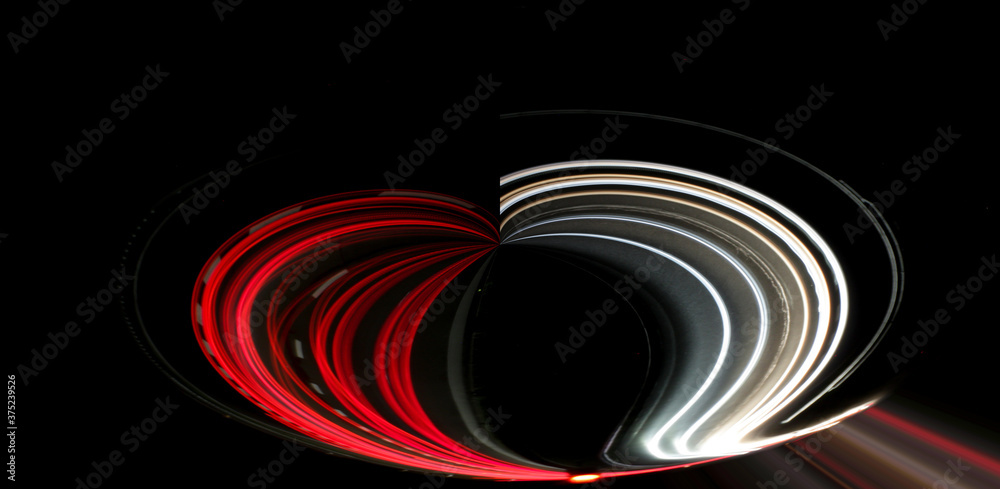 curved red and white heart shaped lines on black background.