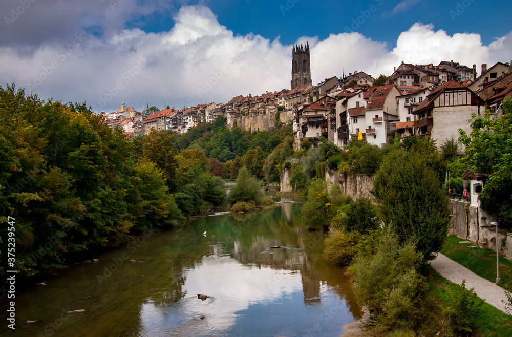 The City View of the Sarine River in Fribourg, Switzerland.