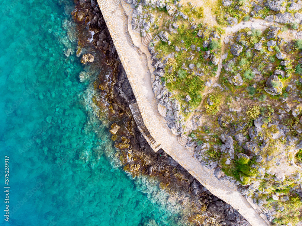 Top down aerial view of rocky coast with walkway, pristine blue water and folliage