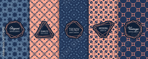 Vector geometric seamless patterns. Set of vintage background swatches with elegant modern labels, stickers. Abstract floral ornament textures collection. Blue and coral color. Elegant design template
