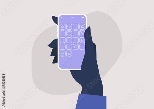 A hand holding a smartphone, a mobile interface with app icons, new technologies