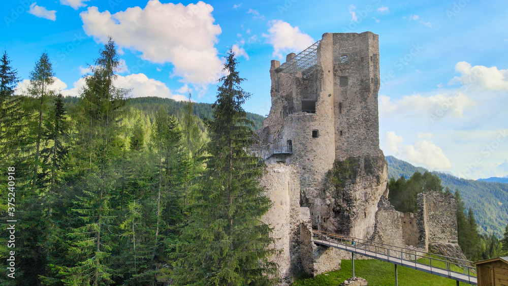 Aerial view of Andraz Castle, Italian Dolomite Mountains