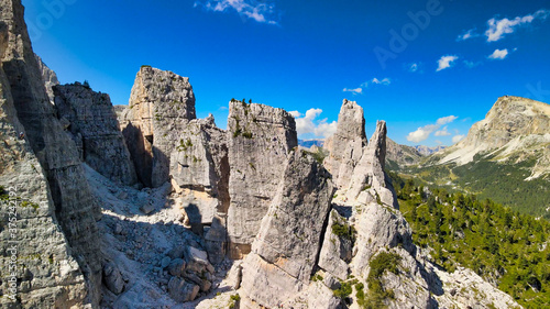 Aerial panoramic mountain landscpae from Five Towers Peaks. Cinque Torri, Dolomite Mountains © jovannig