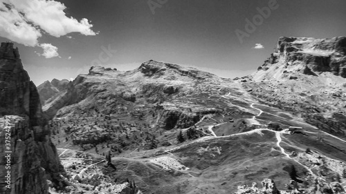 Aerial panoramic mountain landscpae from Five Towers Peaks. Cinque Torri, Dolomite Mountains