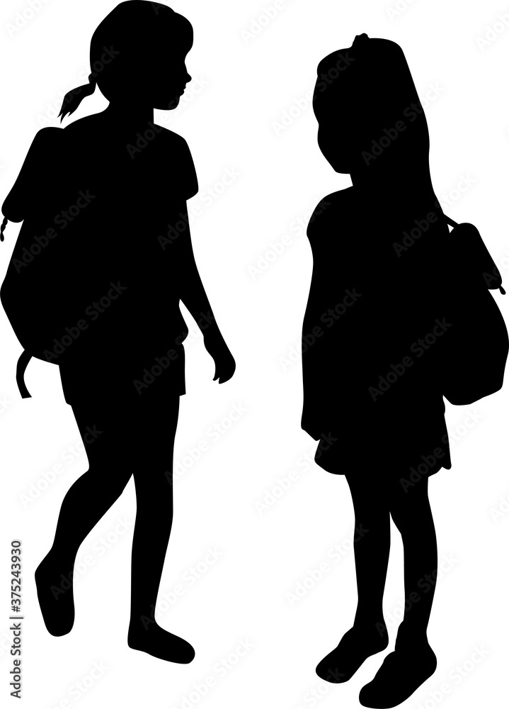 Silhouettes of a children with a backpack . Silhouettes of a children with a backpack .
