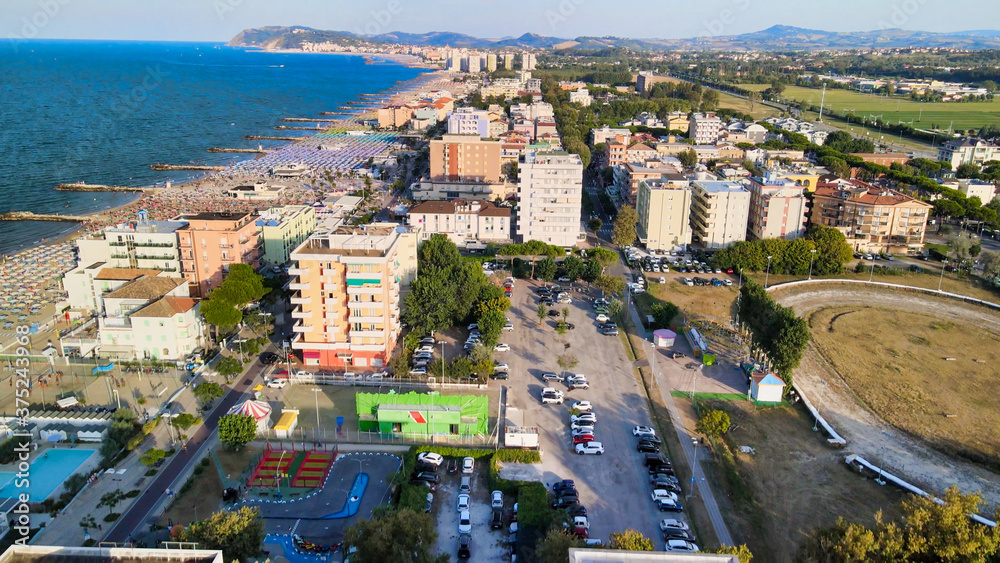 Aerial view of Misano Adriatico Beach from drone in summer season, Italy