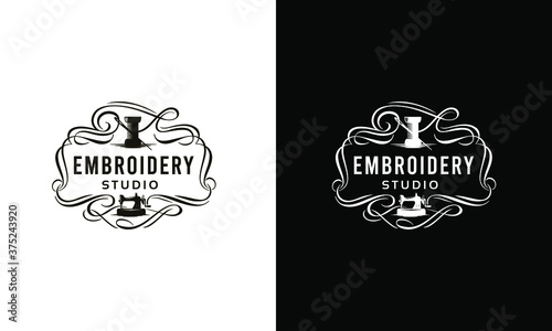 Elegant logo for a sewing Studio. The logo with the symbolism of sewing and embroidery. Monochrome.