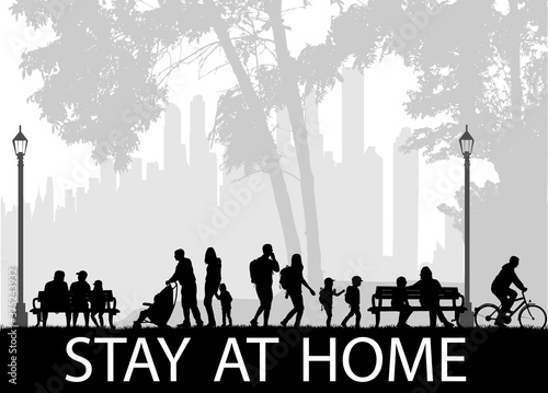 People silhouettes, urban background. Stay at home.