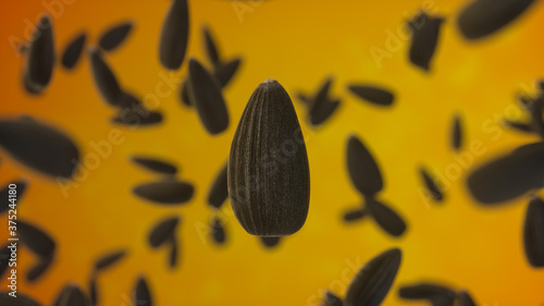 Fotografie Black sunflower seeds on orange background
