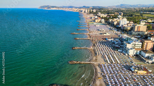 Aerial view of Misano Adriatico Beach from drone in summer season, Italy photo