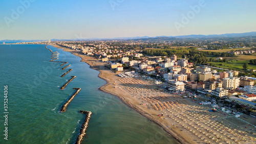 Aerial view of Torre Pedrera Beach from drone in summer season, Rimini, Italy © jovannig