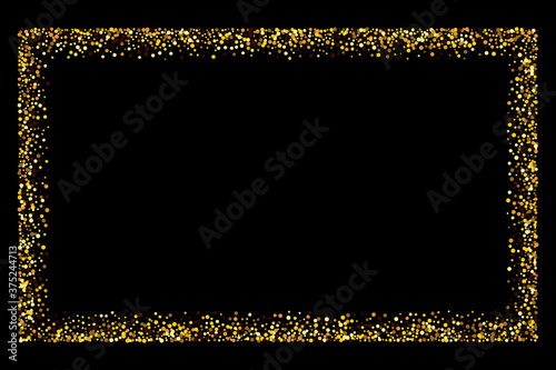 Gold frame glitter texture isolated on black. Golden color of winners. Gilded abstract particles. Explosion of confetti shine. Celebratory background. Vector illustration