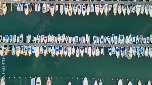 Overhead aerial view of City Port with docked Boats