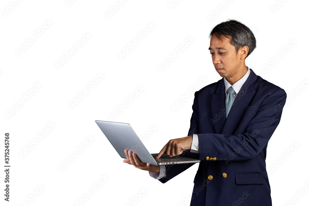 asian business man wearing a suit stand hold and looking at computer notebook screen and type keyboard isolated on white background with copy space & clipping path asian business man wearing a suit stand hold and looking at computer notebook screen and type keyboard isolated on white background with copy space & clipping path