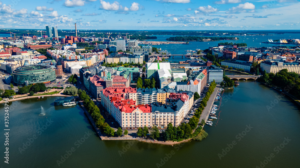 Aerial city view focused at the diverging buildings in Helsinki