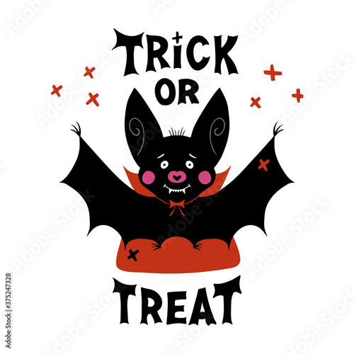 Cute cartoon vampire bat with fangs and red cloak. Doodle cross elements and Trick or treat lettering. Halloween greeting card. Isolated on white background. Vector stock illustration.