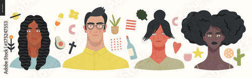 Beautiful people portrait -hand drawn flat style vector design concept illustration of a young people, men and women, face and shoulders avatar, surrounded by abstract elements. Flat style vector icon