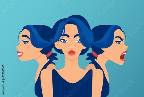 Vector of a woman with mood swings, bipolar disorder expressing anger and happiness