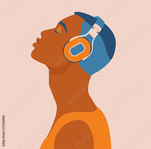 Vector of a young man listening to the music with headphones.