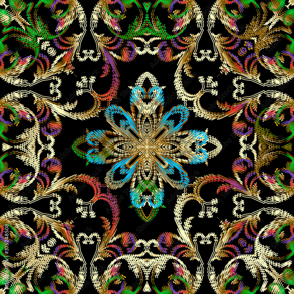 Textured Baroque floral seamless pattern. Tapestry vector background. Grunge repeat backdrop. Embroidery vintage Damask ornaments. Colorful embroidered flowers, leaves, lines. Luxury ornate design