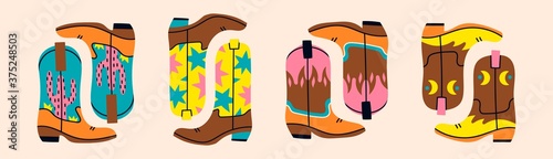 Various cowboy boots. Shoe pairs. Different ornaments. Cactus, Fire, Stars. Fashion concept. Wild West theme. Hand drawn colored trendy Vector set. All elements are isolated