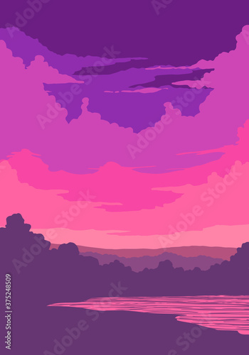 vector lanscape. purple sunset at lake  © evgenii141
