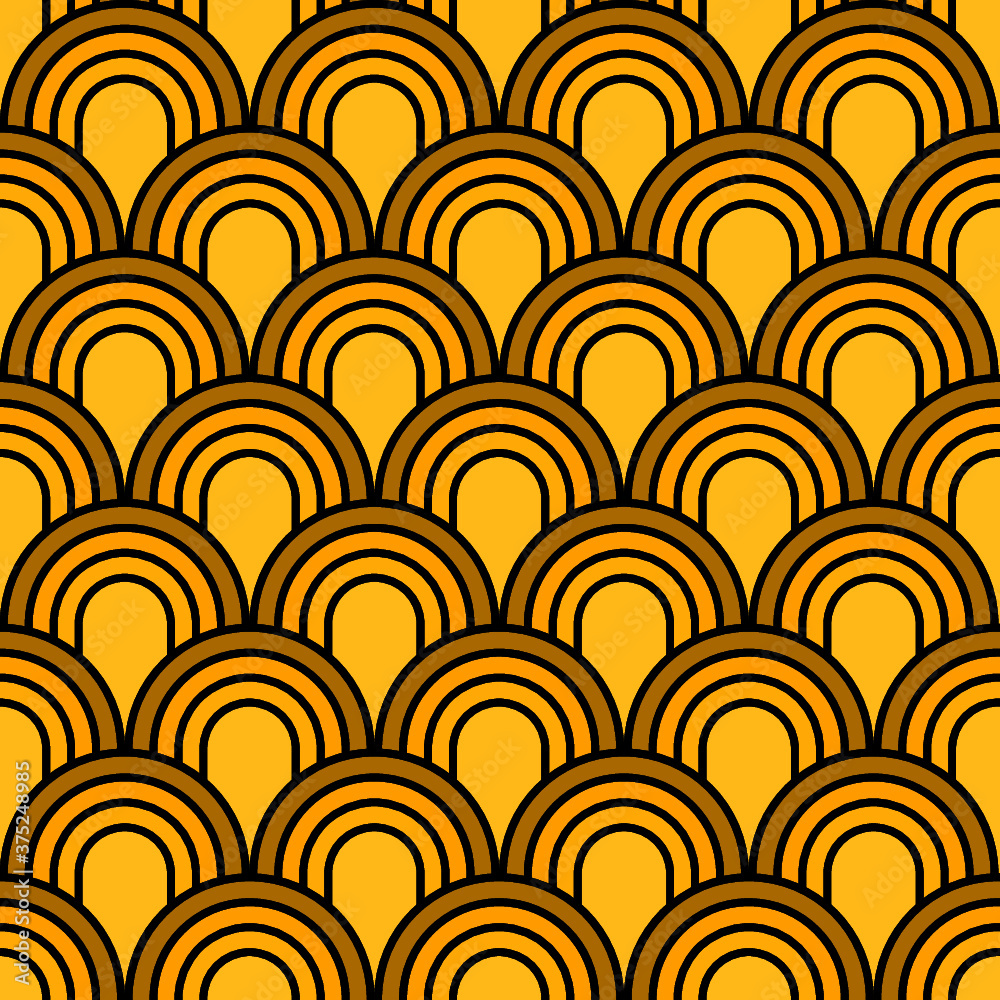 Seamless vector graphic with an overlaid fan like art deco design in shades of yellow. Seamless vector graphic with an overlaid fan like art deco design in shades of yellow.