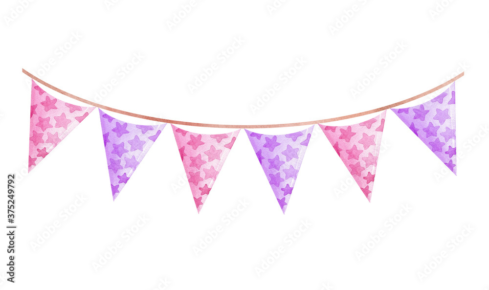 watercolor pink party banner with triangle flags isolated on white background for birthday decor, greeting cards, baby shower bunting