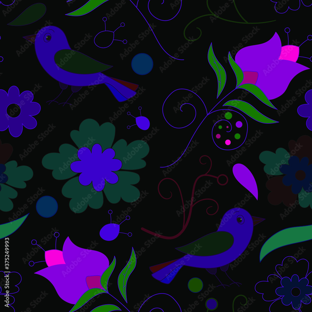 Pattern with flowers and birds on a black background