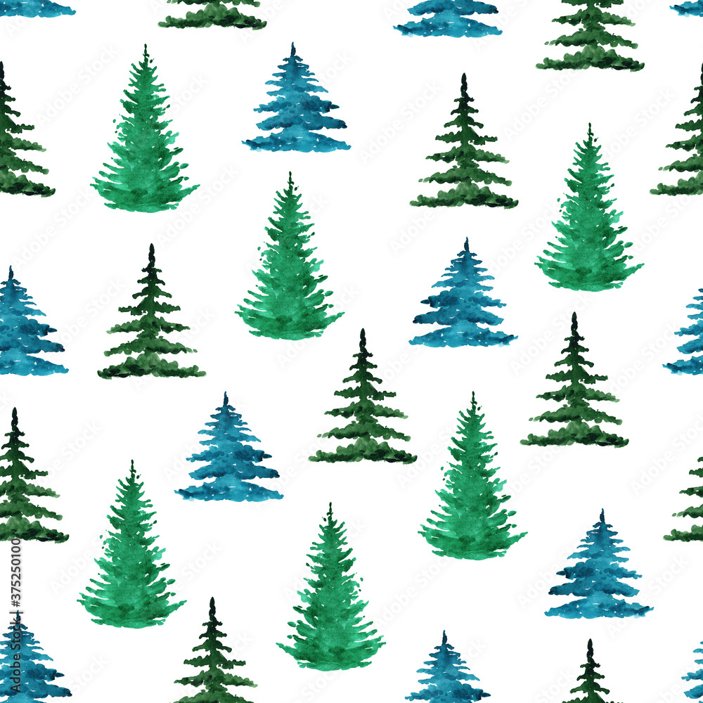 watercolor green pine trees seamless pattern on white background for fabric, textile, scrapbook, wrapping, christmas decor, nordic style