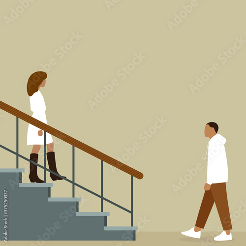 A male character goes to the stairs, and a female character goes down the stairs