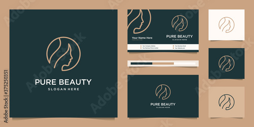 Elegant face woman hair salon gold gradient linear logo design and business card