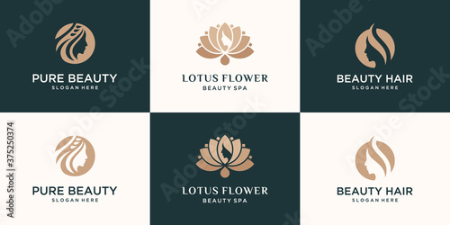 Set collection feminine luxury beauty face women lotus flower and leaf logo design vector