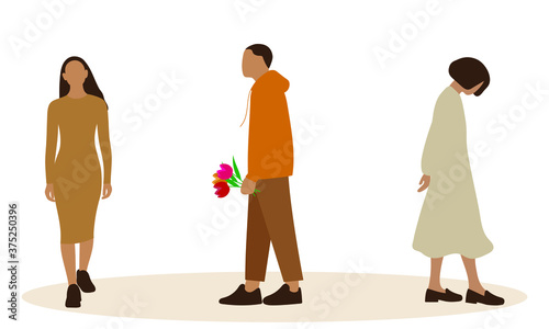 A male character with flowers in his hand looks at one of two female characters
