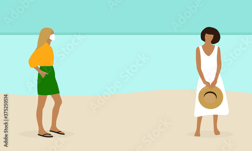 Two female characters on the seashore, one of them in a medical mask
