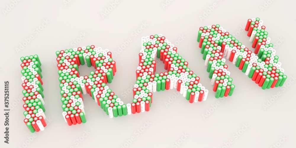 IRAN text made with many batteries. Electrical technologies related 3d rendering
