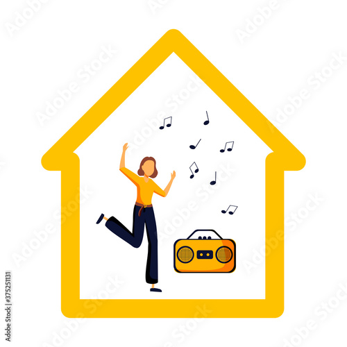 Women at home listening the music, dancing and singing in period of self isolation and social distancing during covid virus epidemic. Stay home global period illustration in vector.