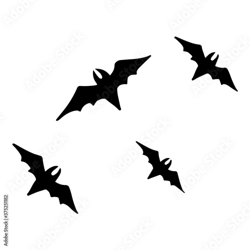 Pinioned black bats swarm isolated on white vector Halloween background. Flittermouse night creatures illustration. Silhouettes of flying bats vampire Halloween symbols vector illustration