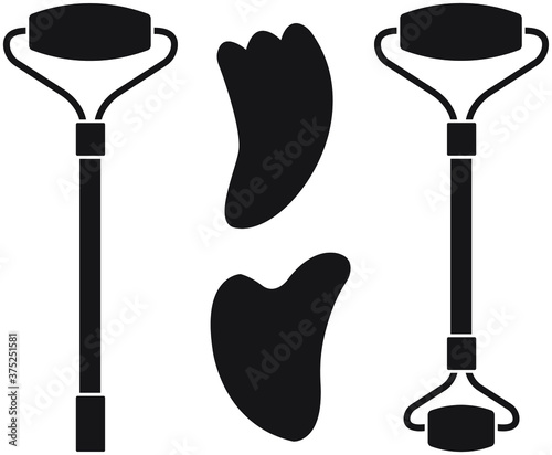 Vector set bundle of flat black stone massage roller and gua sha isolated on white background