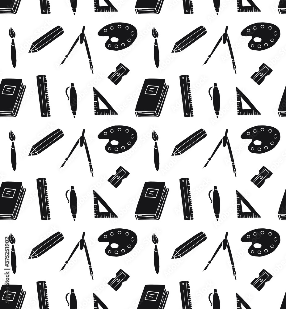Vector seamless pattern of black hand drawn doodle sketch school office chancellery on white background
