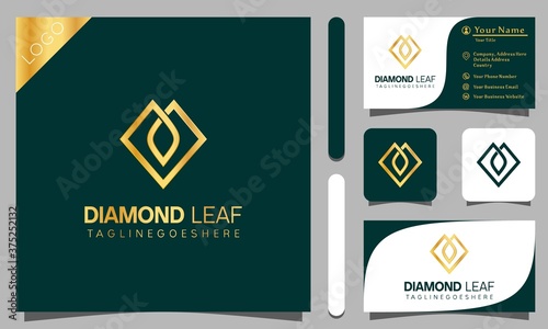 Golden diamond leaf logo design vector illustration with line art style vintage, modern company business card template