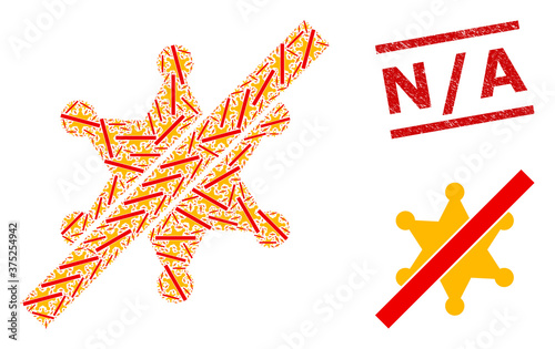 Fractal combination no sheriff star and N/A corroded stamp seal. Vector mosaic is constructed with randomized no sheriff star parts. Stamp seal includes N/A tag between parallel lines.