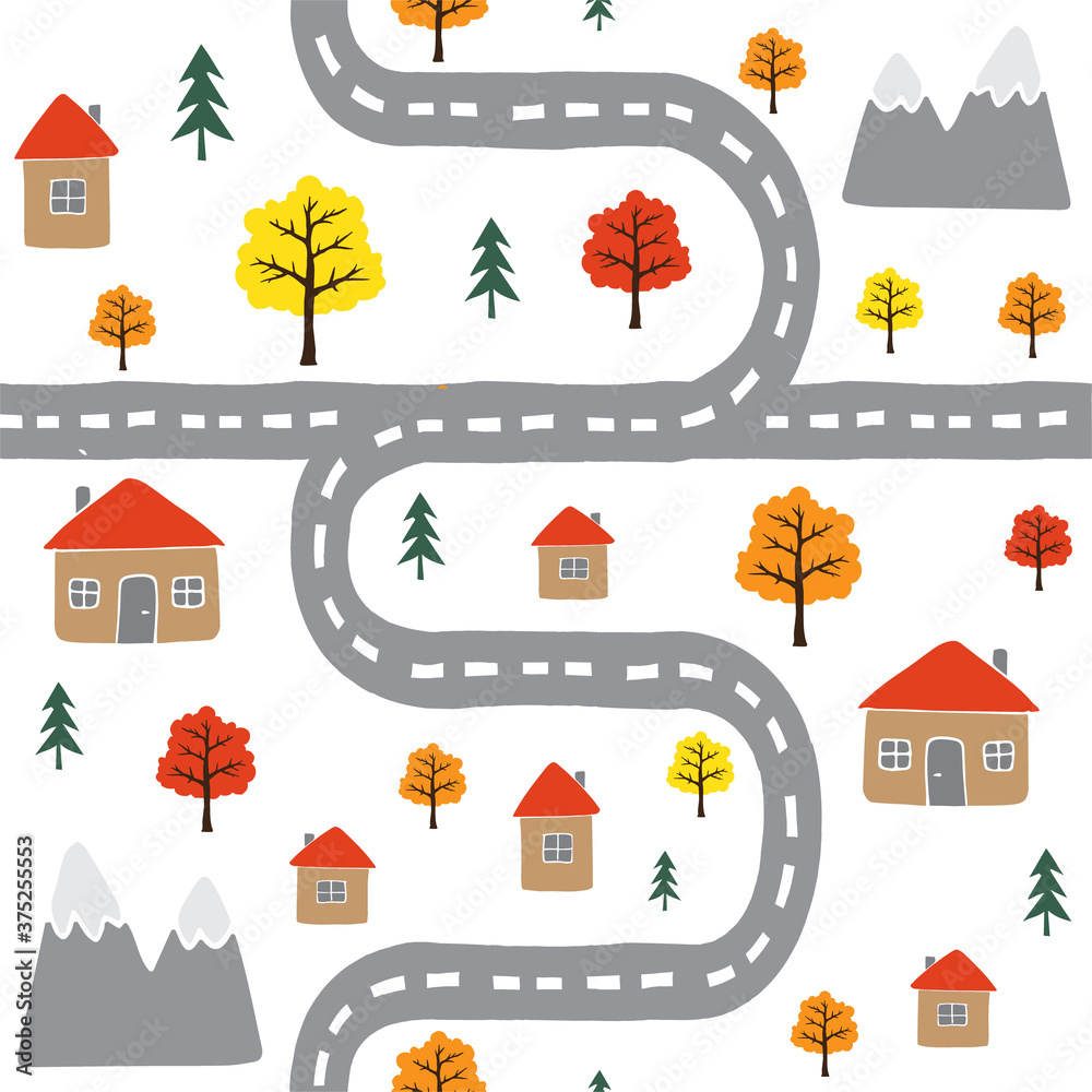 Vector seamless pattern of different autumn hand drawn doodle sketch country houses and trees landscape isolated on white background