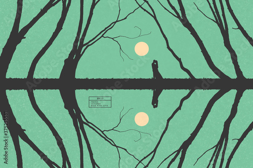 Lovers among trees. Romantic loving couple isolated silhouette. Yellow sun on green texture background. Abstract vector illustration for use in polygraphy, textile, design, interior decor