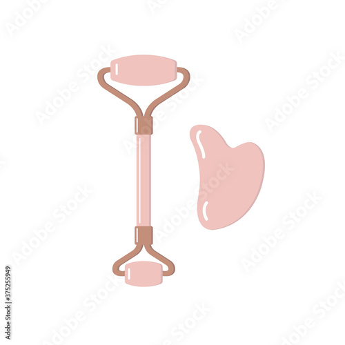 Vector flat cartoon rose quartz massage roller and gua sha isolated on white background