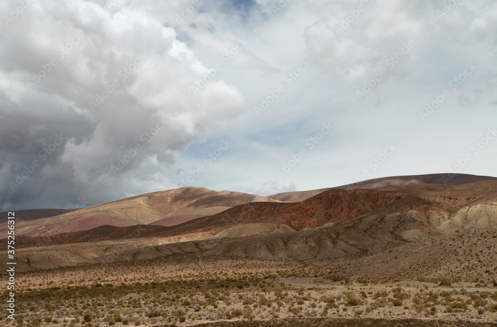 Fototapeta premium Desert landscape. Majestic view of the arid valley and mountains under a dramatic cloudy sky. 