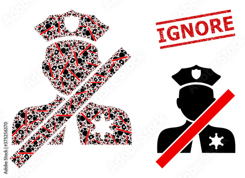 Recursive collage closed police officer and Ignore dirty seal. Vector collage is organized from recursive closed police officer parts. Stamp includes Ignore caption between parallel lines.